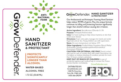 Entire label includes principal display panel - growdefender antibacterialfoam 1.72oz label copy